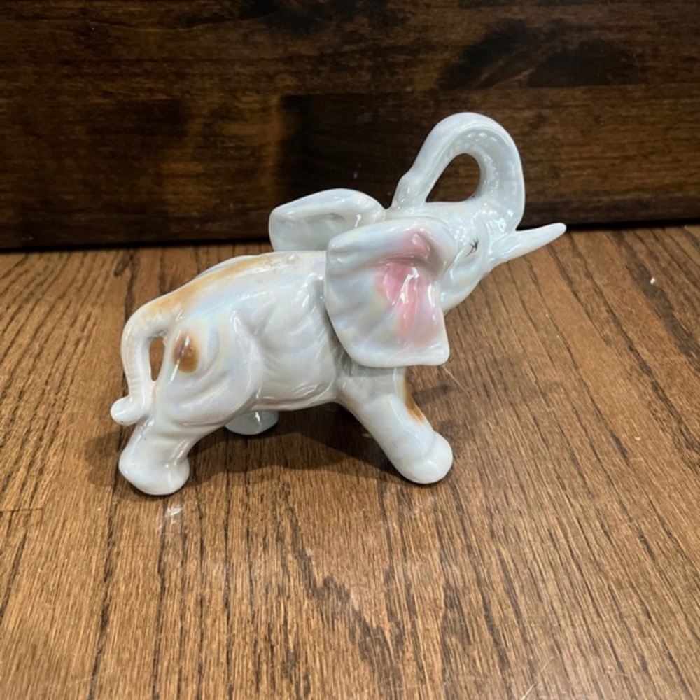 Elephant Trunk Up For Good Luck Vintage Ceramic White Iridescent Figurine